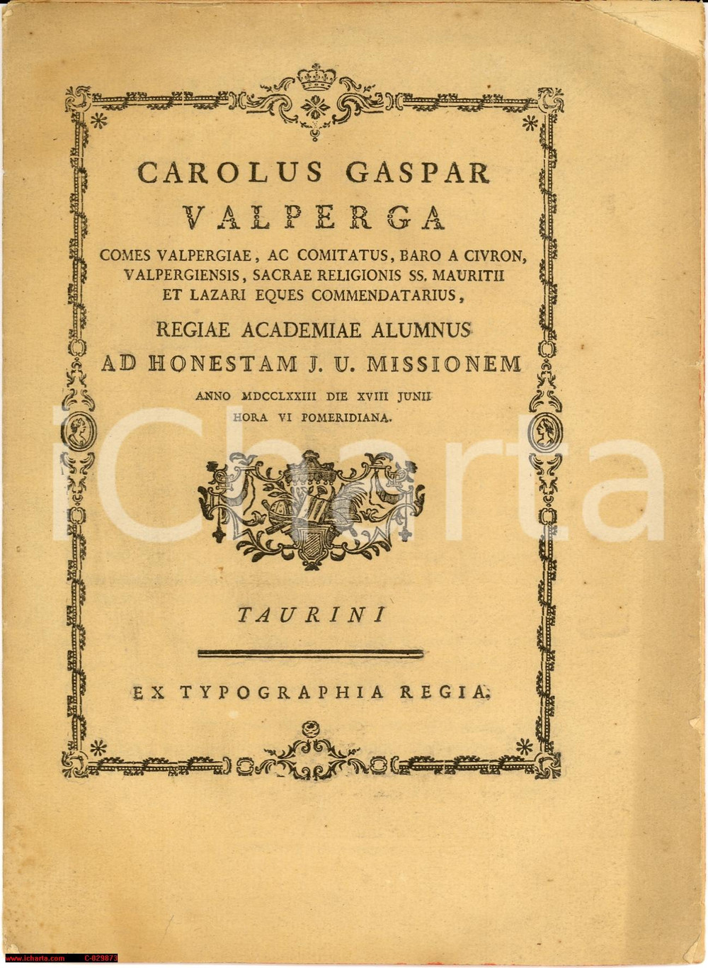 Oggetto da collezione cartaceo 1773 TORINO Carlo Gaspare VALPERGA Ex jure civili 1