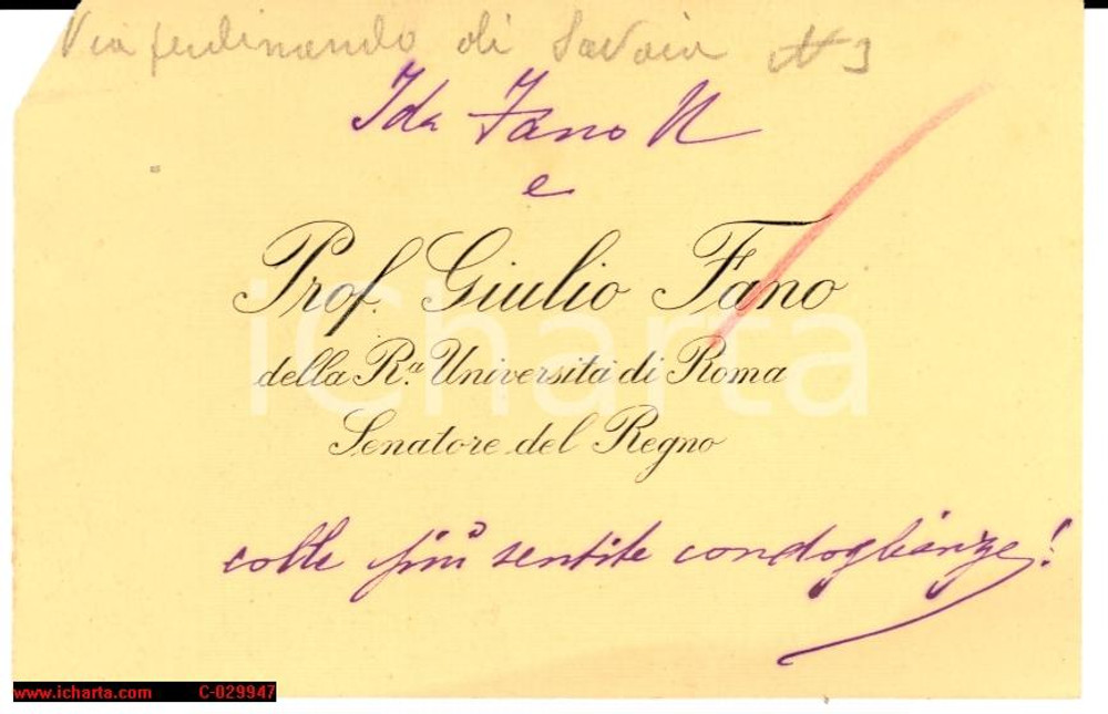 Oggetto da collezione cartaceo 1915 ca ROMA Senatore GIULIO FANO - Biglietto da visita manoscritto 1