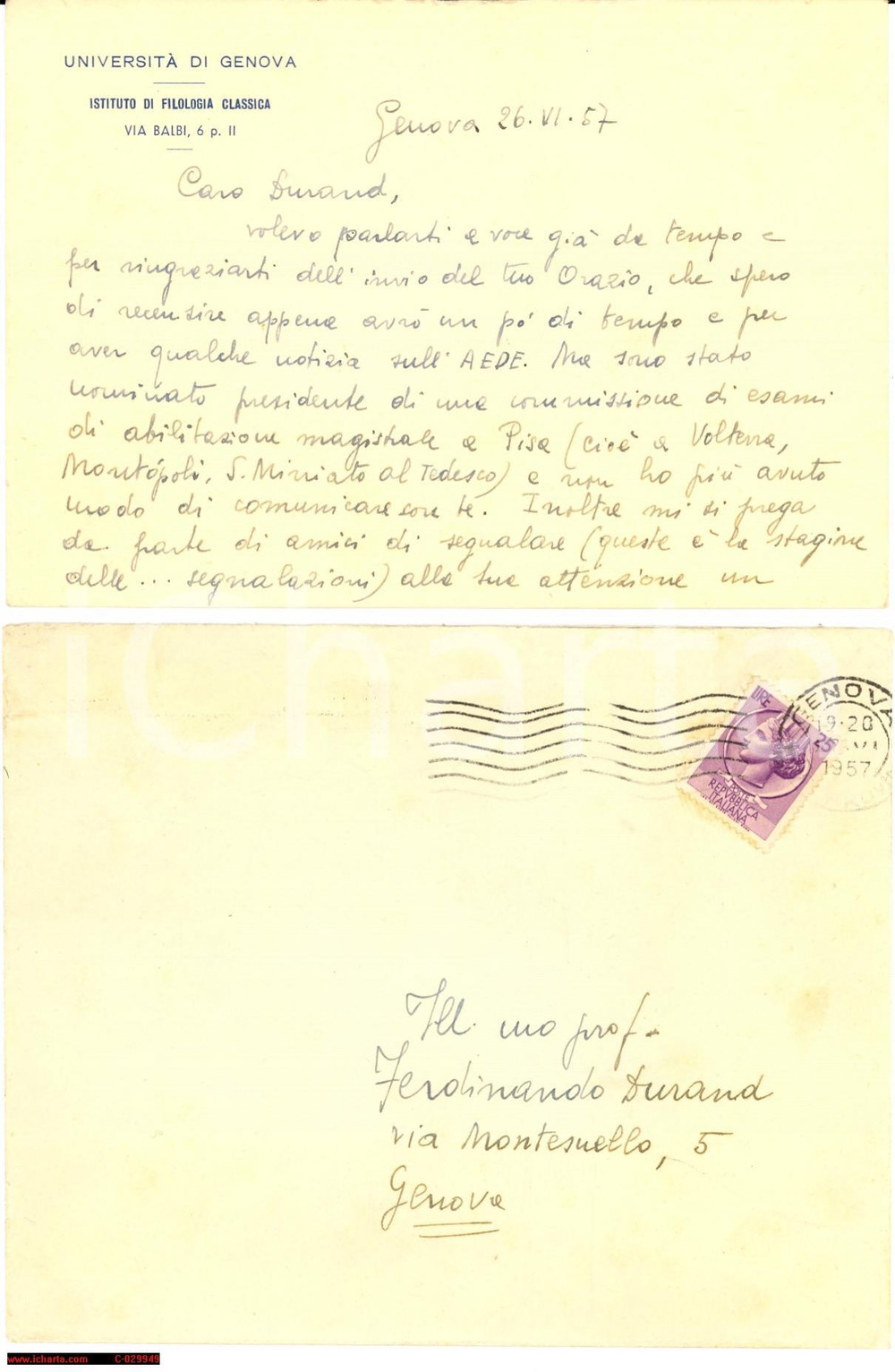 Autografo originale 1957 Università di GENOVA  Agostino  PASTORINO a FERDINANDO DURAND Autografo 1