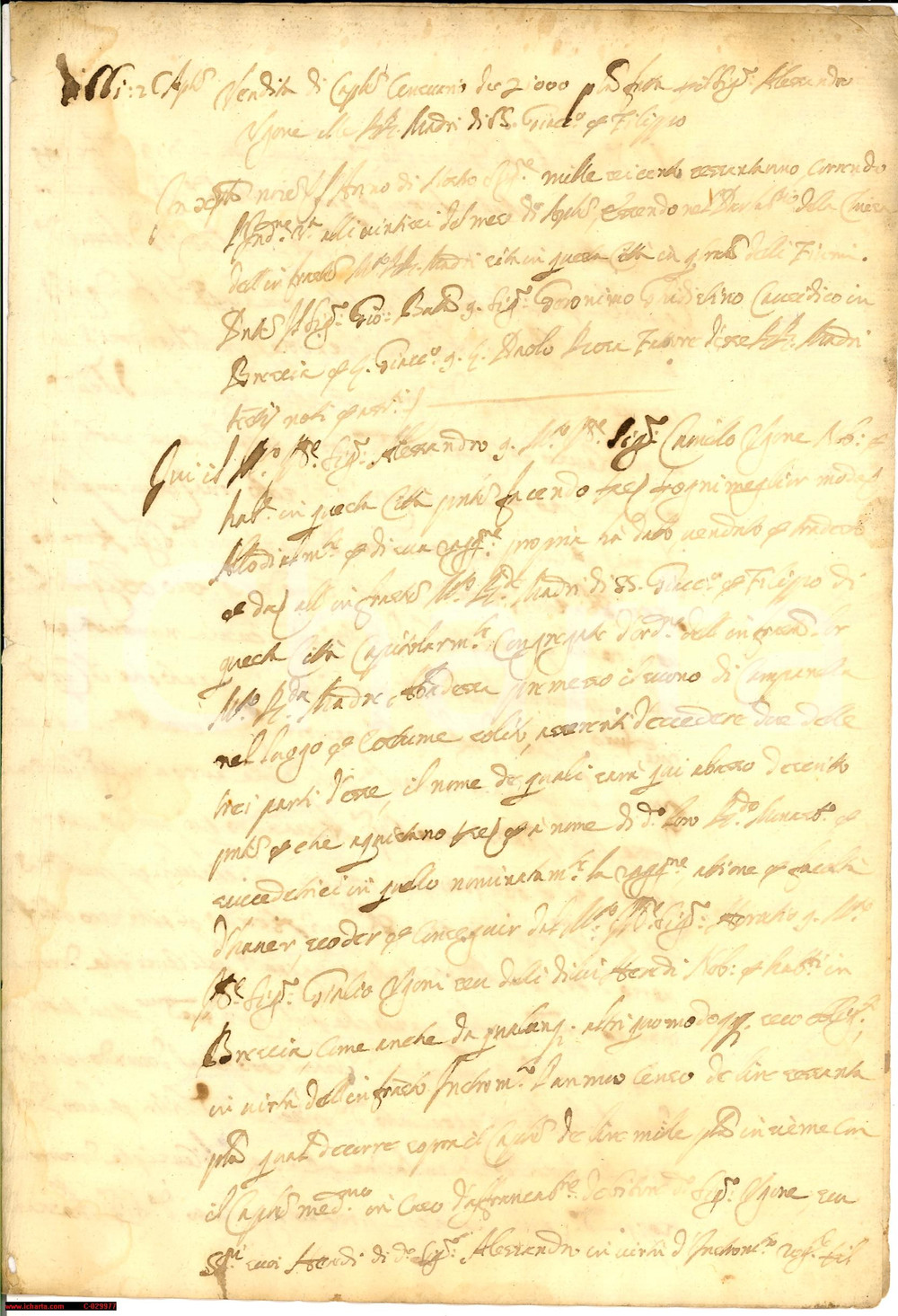 Documento originale, autentico 1661 BRESCIA Alessandro UGONI vende censo a monache S. GIACOMO Manoscritto 1