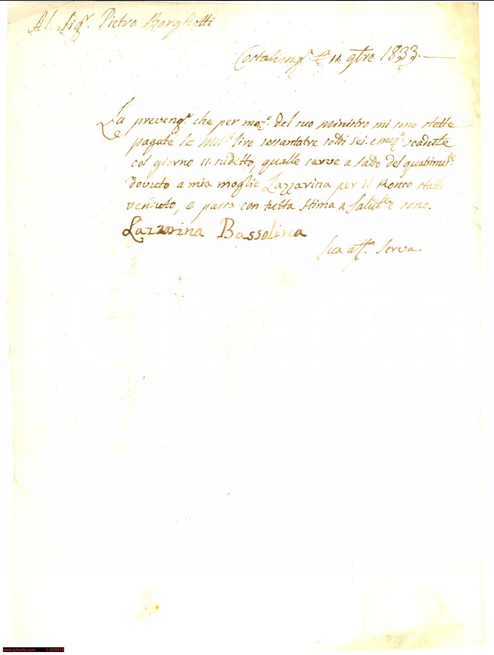Documento originale, autentico 1833 COSTALUNGA BS Lazzarina BASSOLINA vende un ronco 1