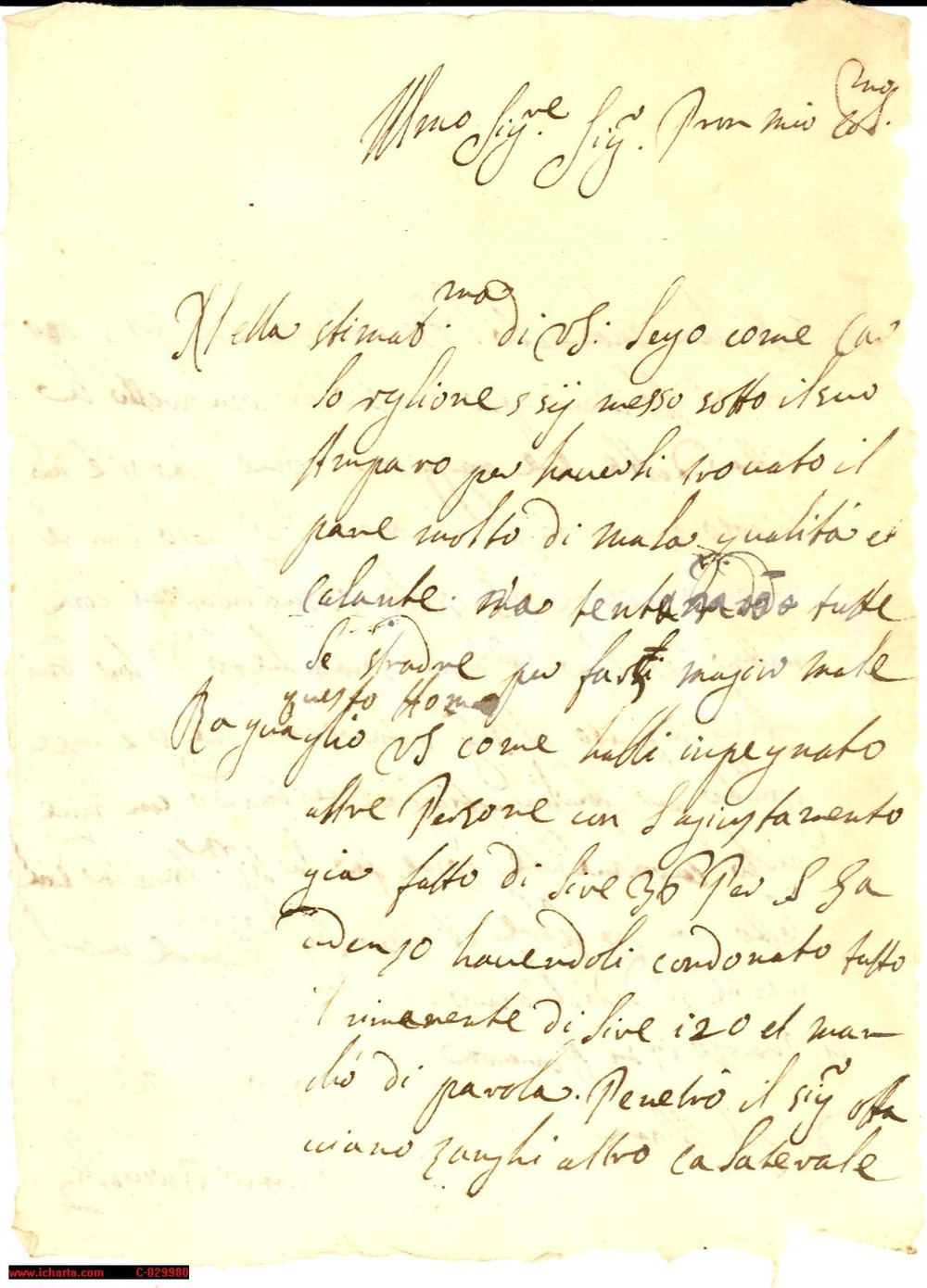 Manoscritto, lettera originale 1721 NOVARA Marchese Giovanni TORNIELLI su pane cattivo  Lettera 1