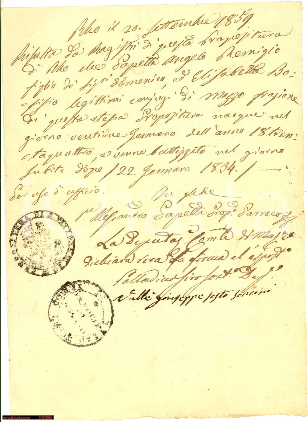Documento originale, autentico 1859 RHO Battesimo Angelo PAPETTA Chiesa San VITTORE Certificato 1