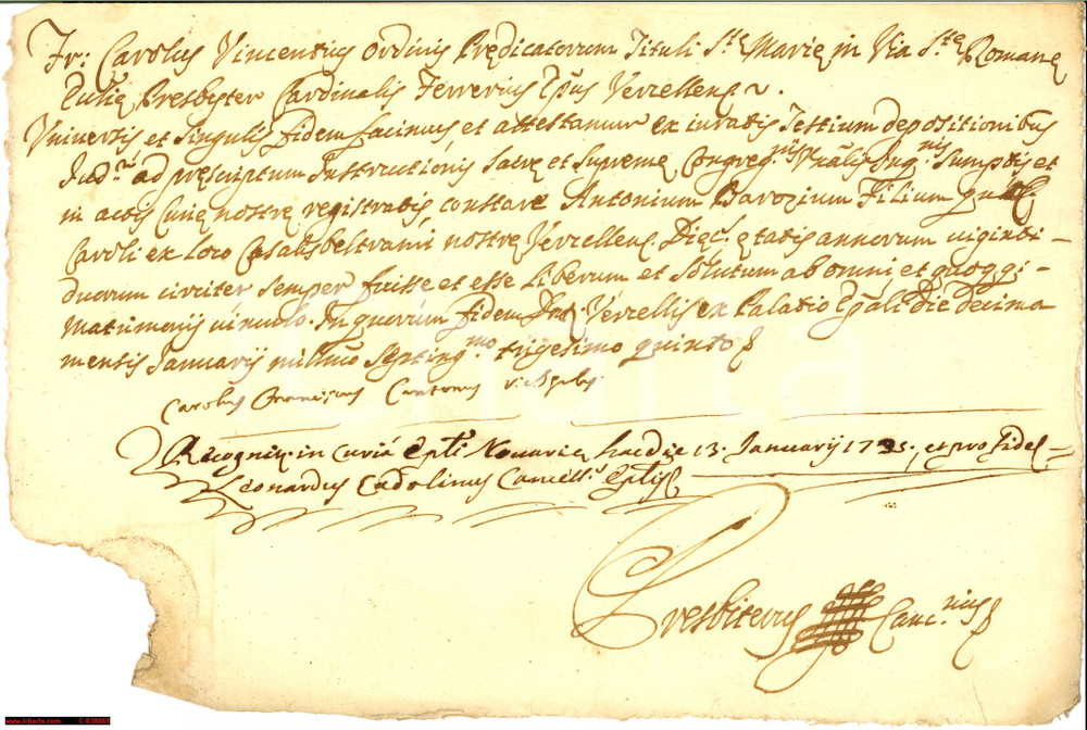 Documento originale, autentico 1735 CASTELBELTRAME NO Stato libero Antonio BAROZZI Certificato 1