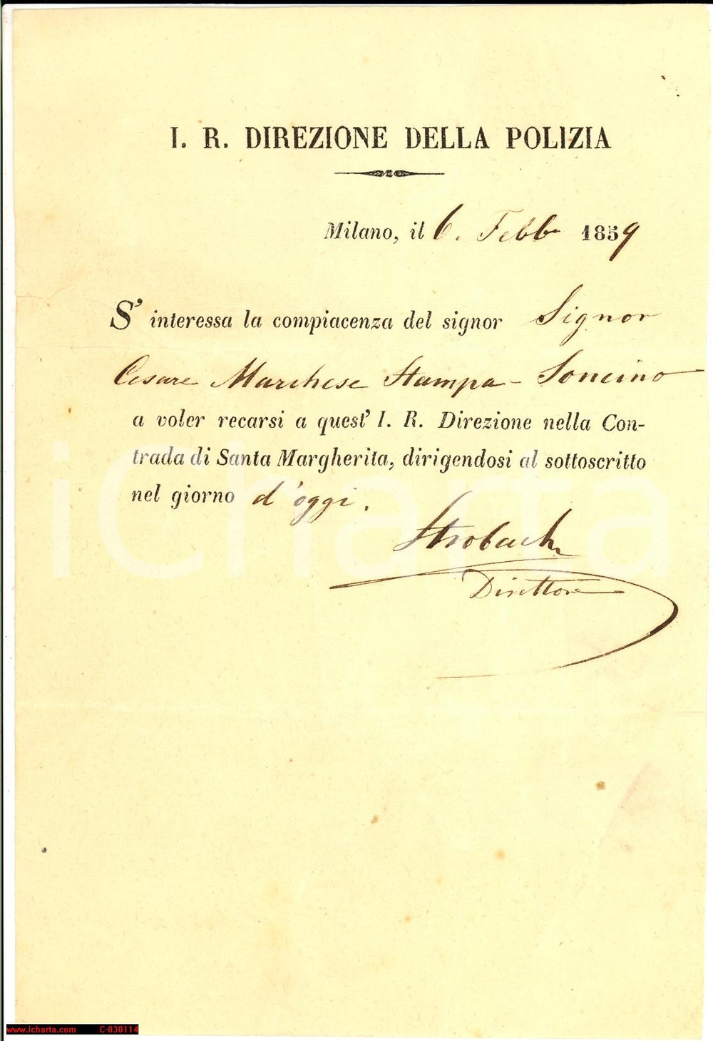 Documento originale, autentico 1859 MILANO Cesare STAMPA DI SONCINO convocato dalla Polizia 1