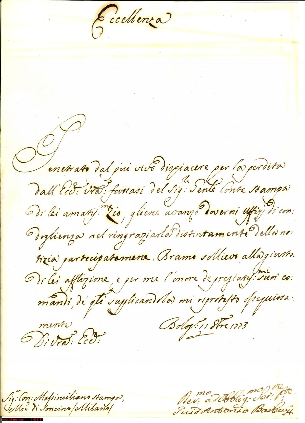 Manoscritto, lettera originale 1773 BOLOGNA Lettera autografa Guid Antonio BARBERI 1