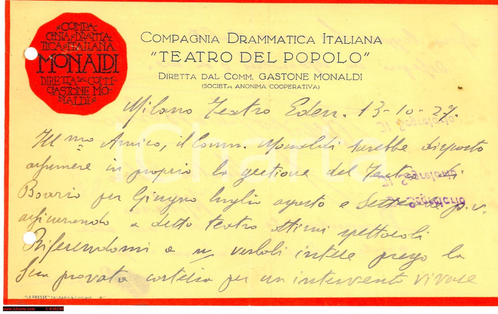 Manoscritto, lettera originale 1927 MILANO Compagnia Gastone MONALDI  Lettera pro teatro BOARIO 1