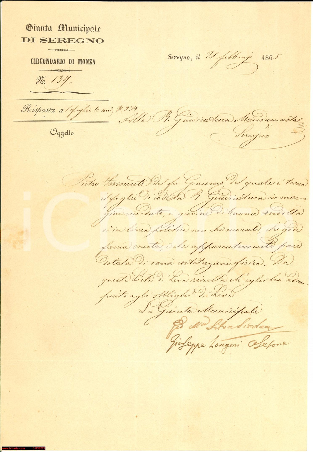 Documento originale, autentico 1865 SEREGNO MB Buona condotta di Pietro FORMENTI  Certificato 1