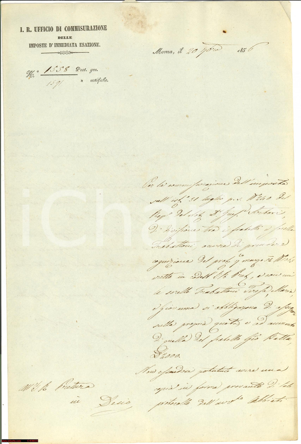 Documento originale, autentico 1856 DESIO MB Divisione ereditaria sorelle TRABATTONI  Lettera 1