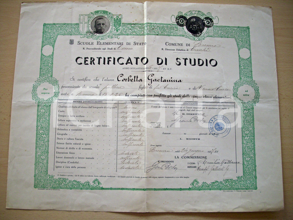 Oggetto da collezione cartaceo 1937 BRENNO USERIA ARCISATE Licenza elementare  Certificato di studio 1