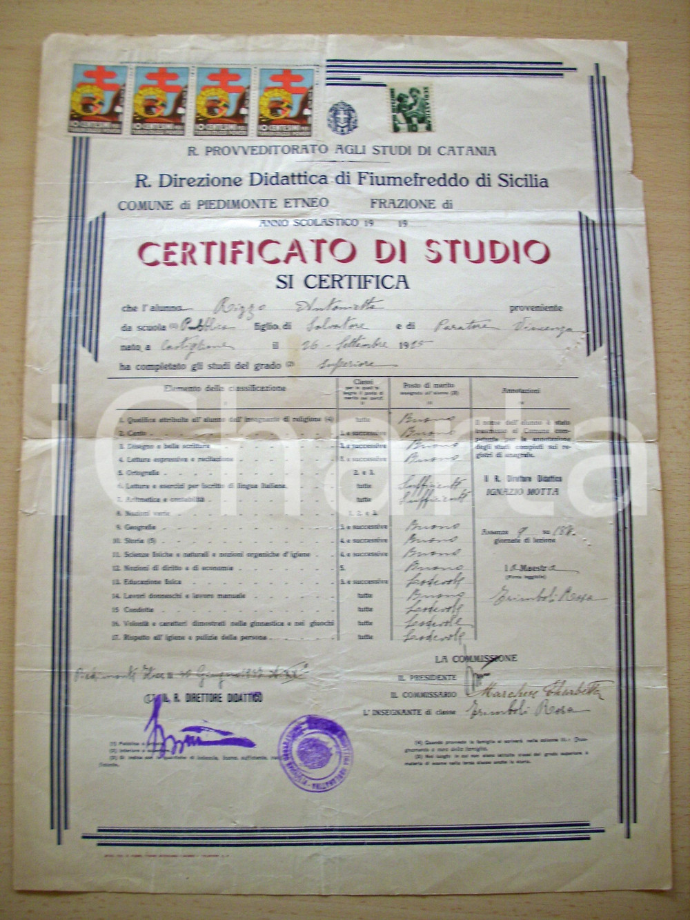 Oggetto da collezione cartaceo 1937 PIEDIMONTE ETNEO (CT) Diploma di Antonietta RIZZO 1