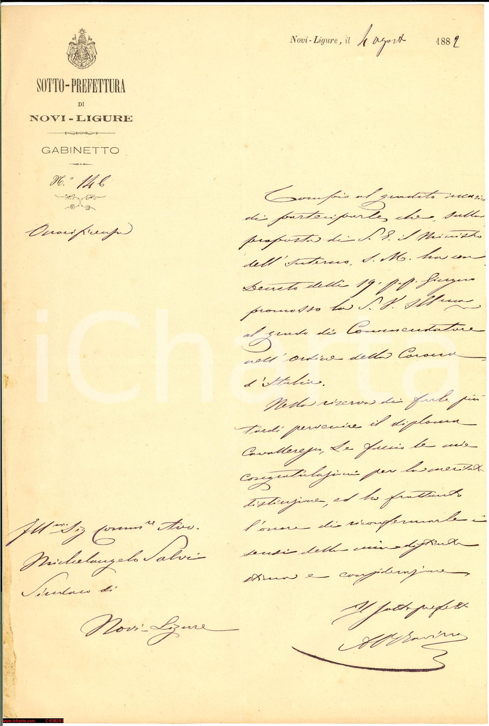 Documento originale, autentico 1882 NOVI LIGURE Michelangelo SALVI commendatore Corona 1