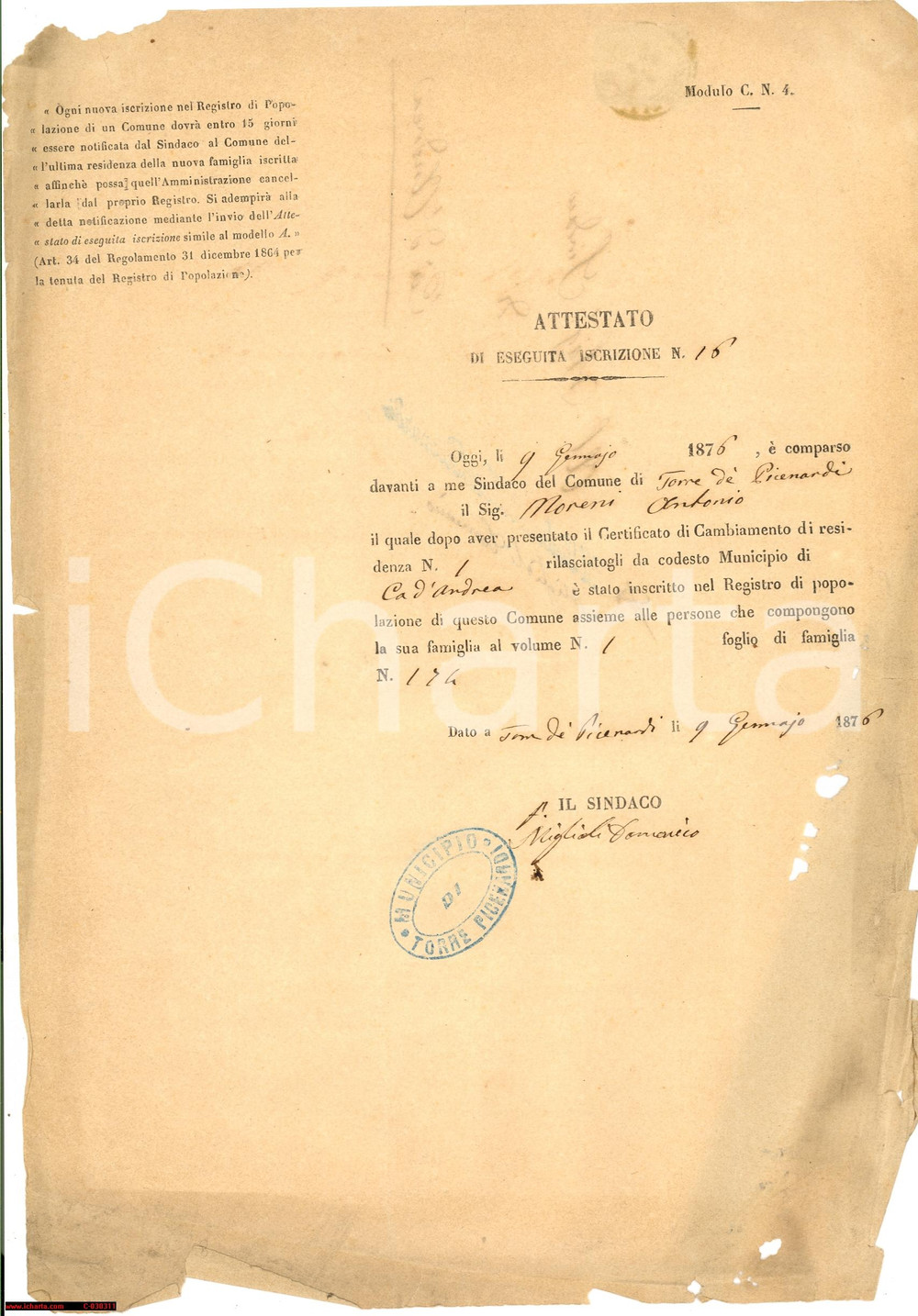 Documento originale, autentico 1876 TORRE DE' PICENARDI (CR) Residenza Antonio MORENO 1
