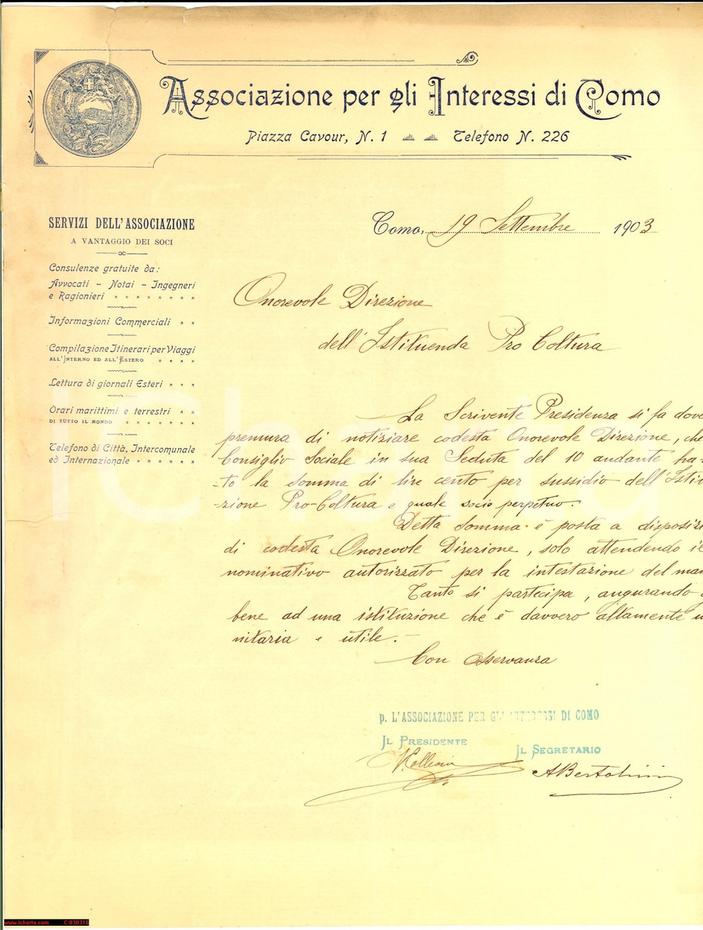 Manoscritto, lettera originale 1903 Associazione per Interessi di COMO a PRO COLTURA 1