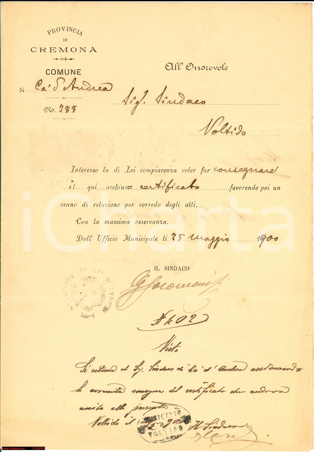 Documento originale, autentico 1900 VOLTIDO (CR) Consegna certificati ai cittadini 1