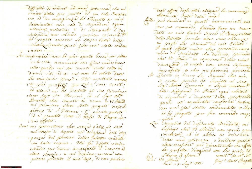 Manoscritto, lettera originale 1785 MILANO mancato pagamento di Enciclopedia a favore di Giuseppe A. Bagatti 1