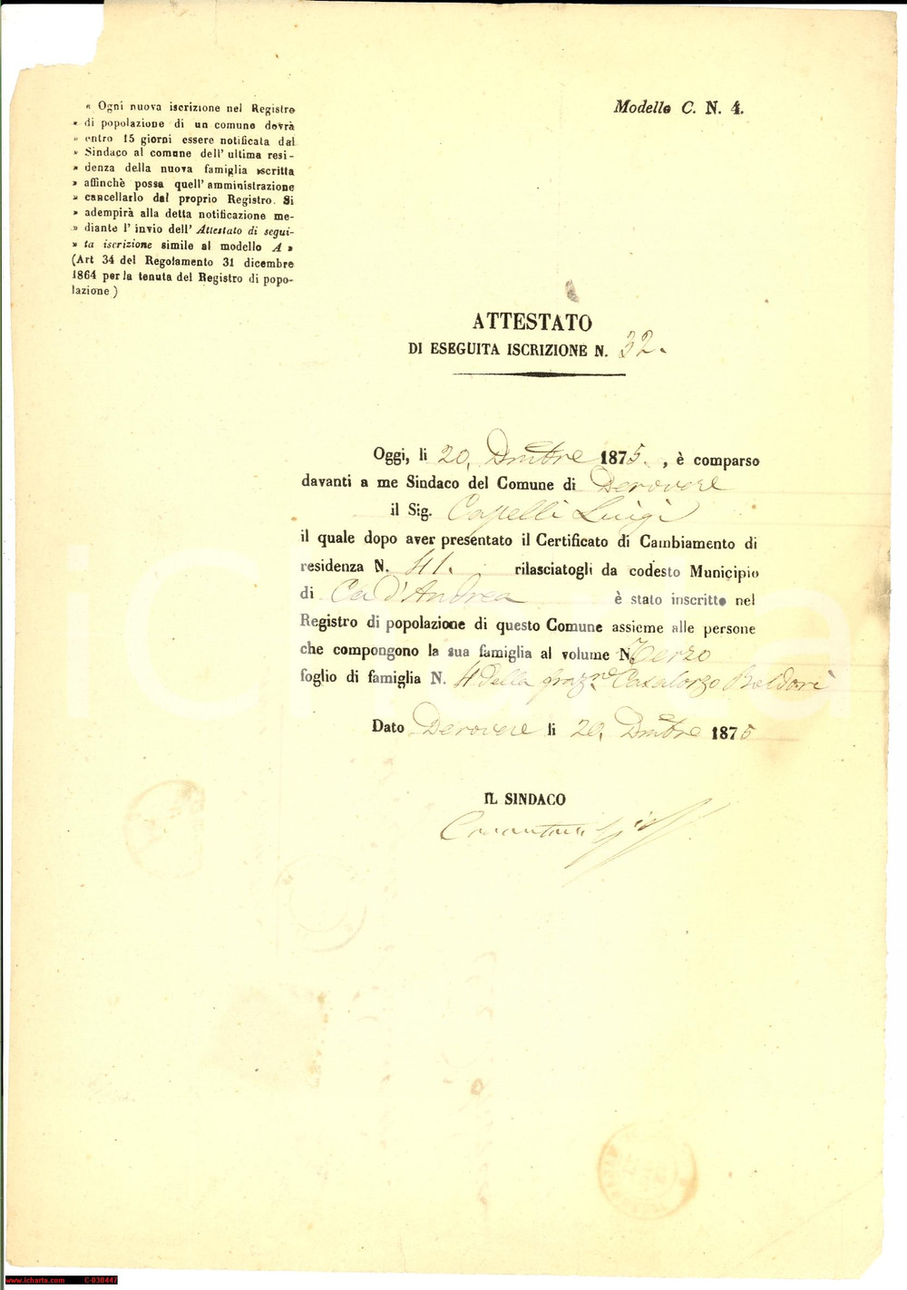 Documento originale, autentico 1875 DEROVERE (CR) Residenza Luigi CAPELLO e famiglia 1