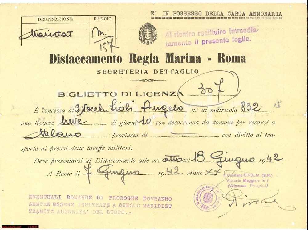 Documento originale, autentico 1942 REGIA MARINA ROMA Licenza a nocchiere Angelo SIOLI 1