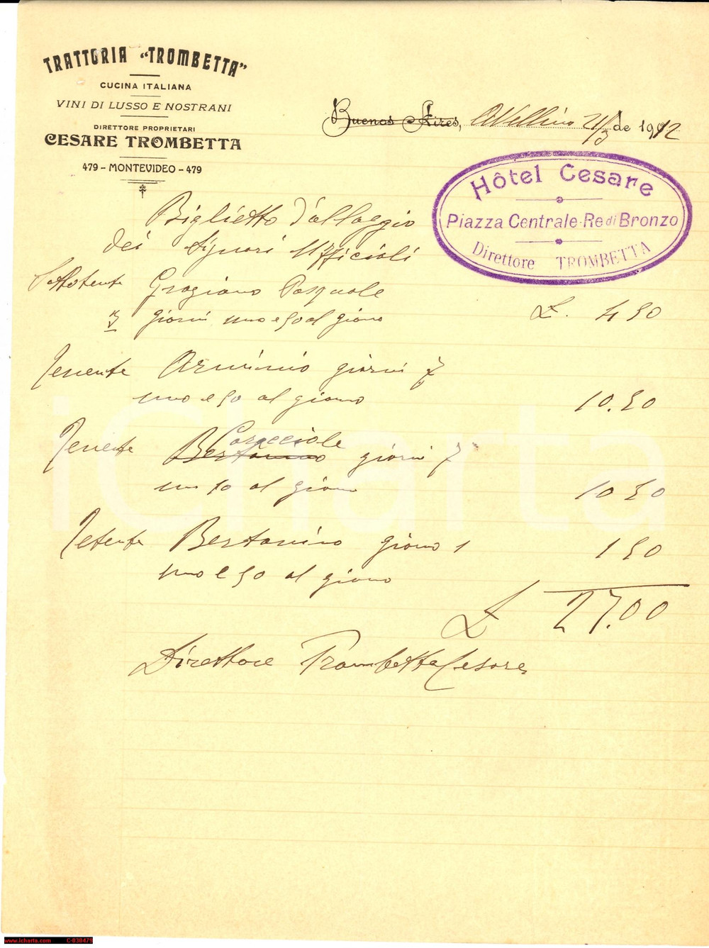 Documento originale, autentico 1912 MONTEVIDEO Cesare TROMBETTA trattoria italiana 1