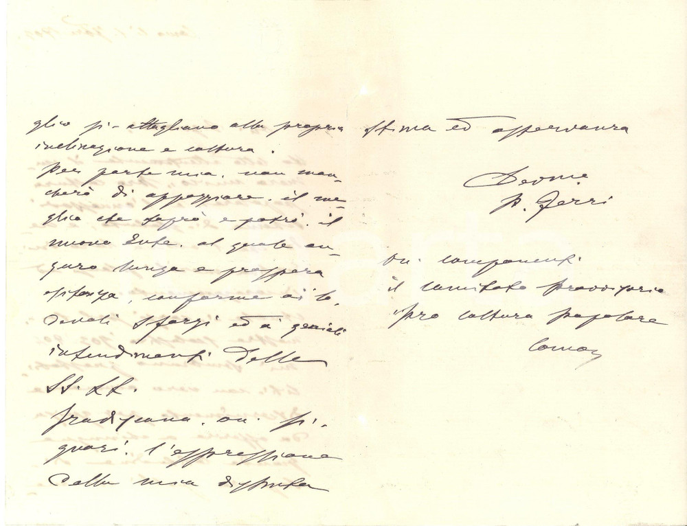 Manoscritto, lettera originale 1903 COMO Prefetto Pietro FERRI pro Coltura Autografo 1