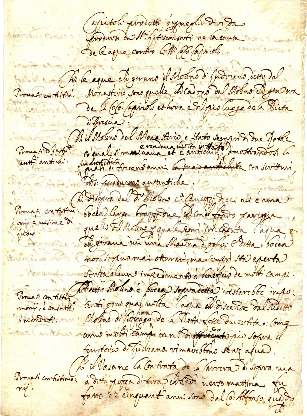Documento originale, autentico 1620 LUDRIANO (BS) Lite conti CAPRIOLI per acque mulino 1