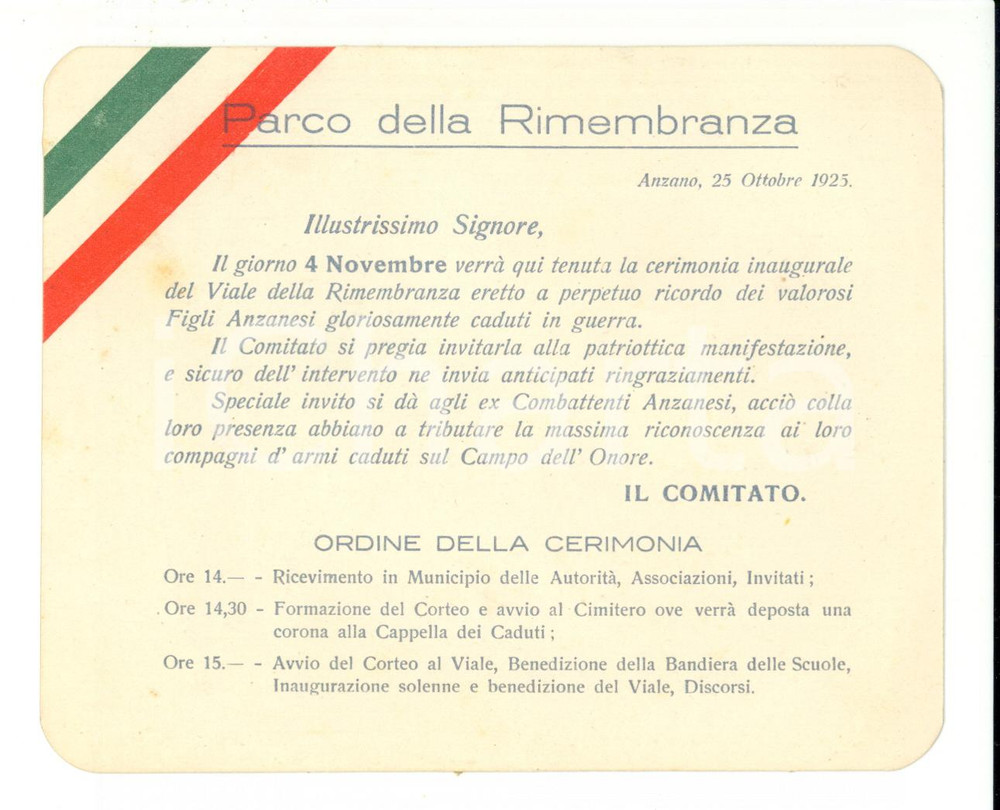 Documento originale, autentico 1925 ANZANO (CO) Inaugurazione Parco della Rimembranza 1