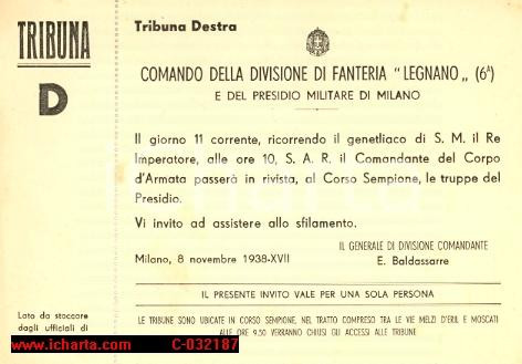Oggetto da collezione cartaceo 1938 MILANO Divisione Fanteria LEGNANO Rivista per il genetliaco del Re Invito 1