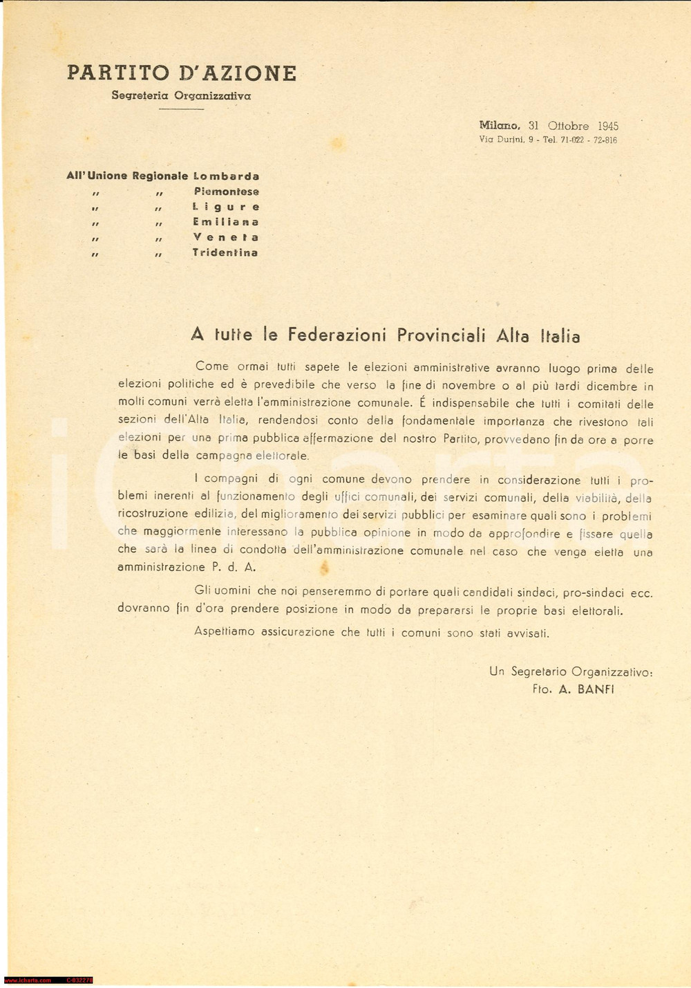Manoscritto, lettera originale 1945 MILANO PARTITO D AZIONE Organizzazione campagna elettorale 1