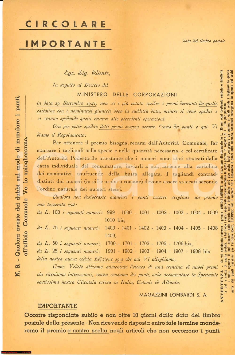 Documento originale, autentico 1941 GENOVA Magazzini LOMBARDI Raccolte punti e premi 1