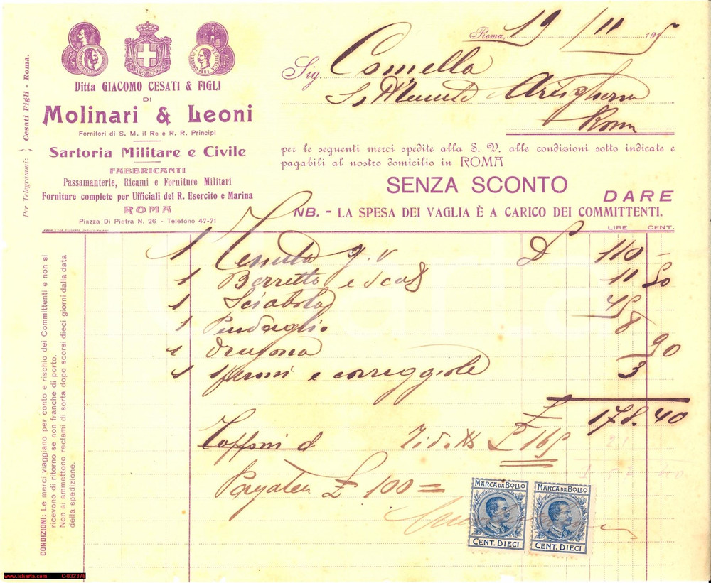 Documento originale, autentico 1919 ROMA MOLINARI E LEONI Sartoria militare e civile Fattura 1