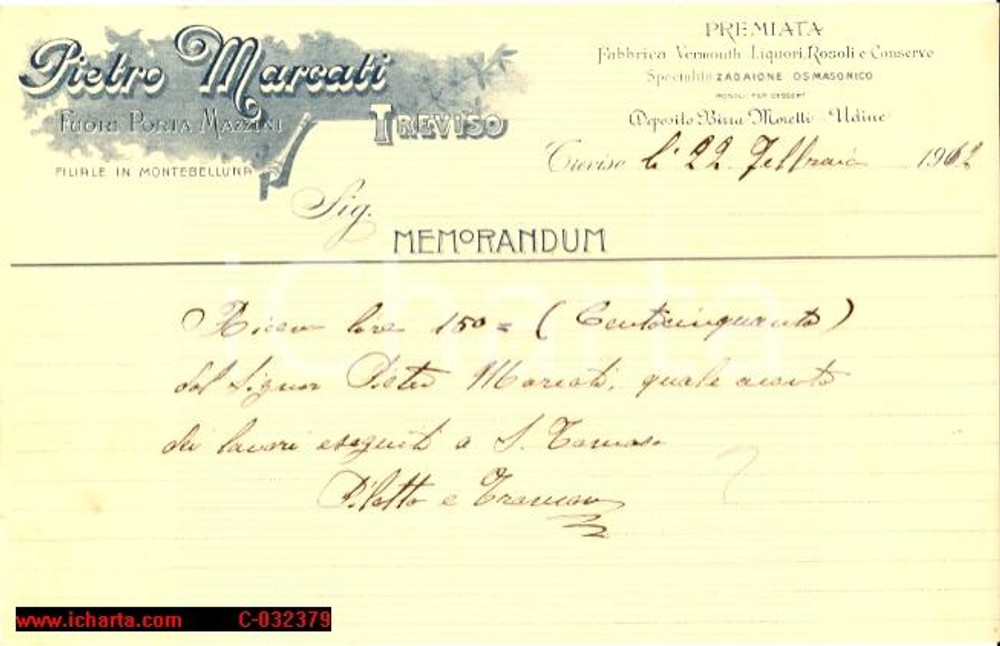 Materiale pubblicitario d’epoca 1912 TREVISO Ditta Pietro MARCATI Vermouth e liquori *Ricevuta intestata 1