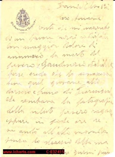 Manoscritto, lettera originale 1925 FORMIA LT 61° Fanteria SICILIA  Morte del giovane Achille GAUDENZIO 1
