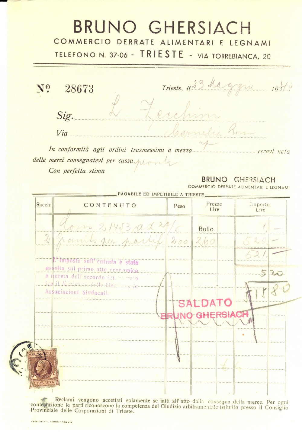 Documento originale, autentico 1934 TRIESTE Ditta Bruno GHERSIACH Derrate alimentari *Fattura con bollo 1