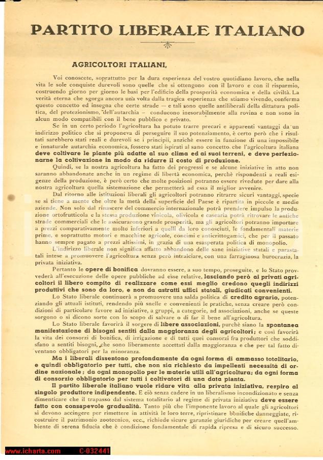 Oggetto da collezione cartaceo 1948 Partito Liberale, agricoltori e concorrenza Volantino propaganda elettorale 1