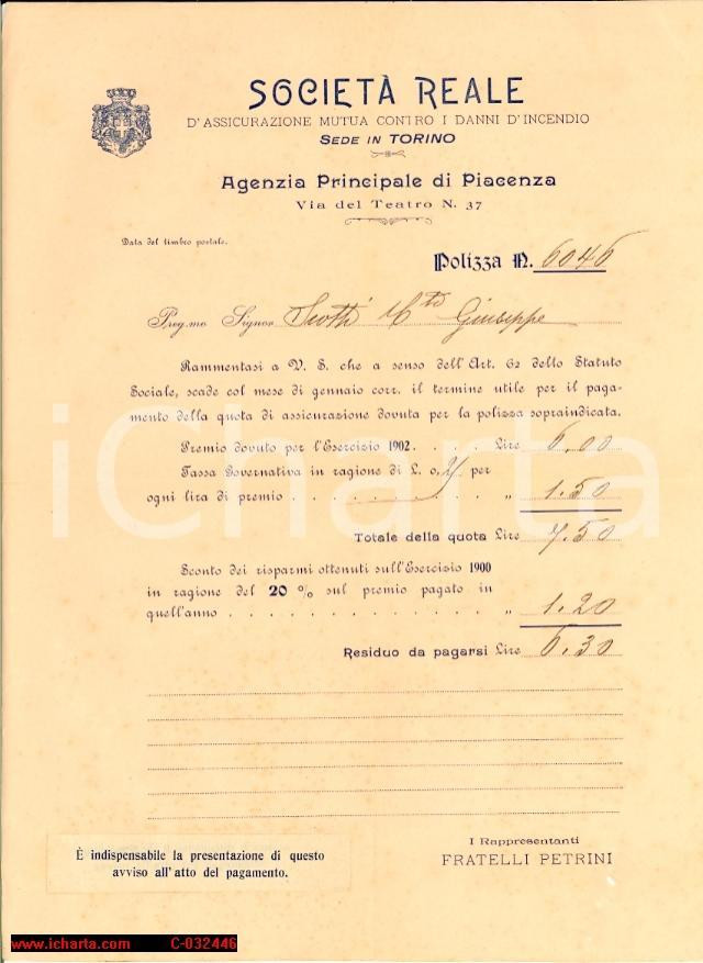 Documento originale, autentico 1902 Piacenza SOCIETA  REALE MUTUA avviso scadenza premio 1
