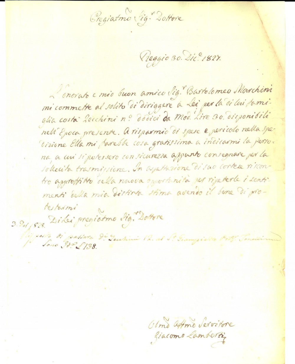 Manoscritto, lettera originale 1827 REGGIO EMILIA Giacomo LAMBERTI Patriota Lettera autografa 1