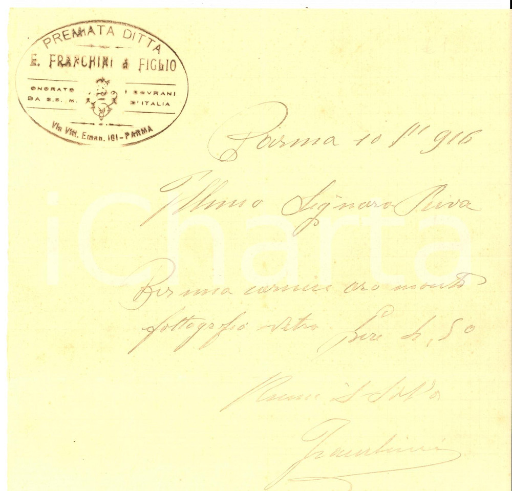 Documento originale, autentico 1916 PARMA Premiata Ditta E. FRANCHINI & Figlio Ricevuta per cornice in oro 1