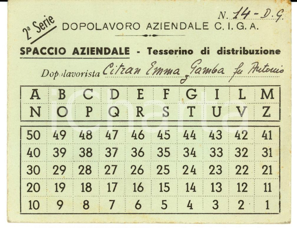 Oggetto da collezione cartaceo 1930 ca Tessera Dopolavoro CIGA Emma CITRAN GAMBA 1