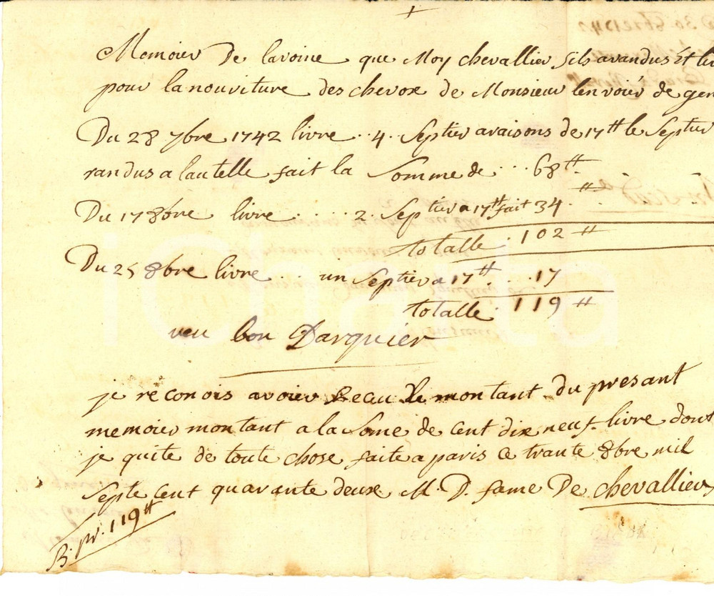 Documento originale, autentico 1742 PARIGI Conto del mercante di biada CHEVALLIER 1