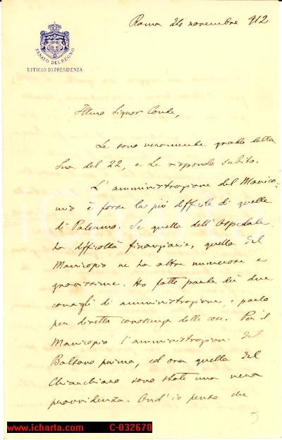 Manoscritto, lettera originale 1912 Sen. Emanuele Paternò su Manicomio di Palermo Autografo 1