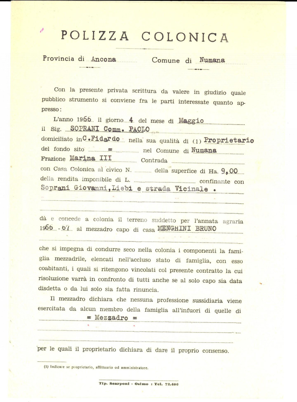 Documento originale, autentico 1966 NUMANA (AN)  Polizza Colonica per mezzadro Bruno MENGHINIO 1