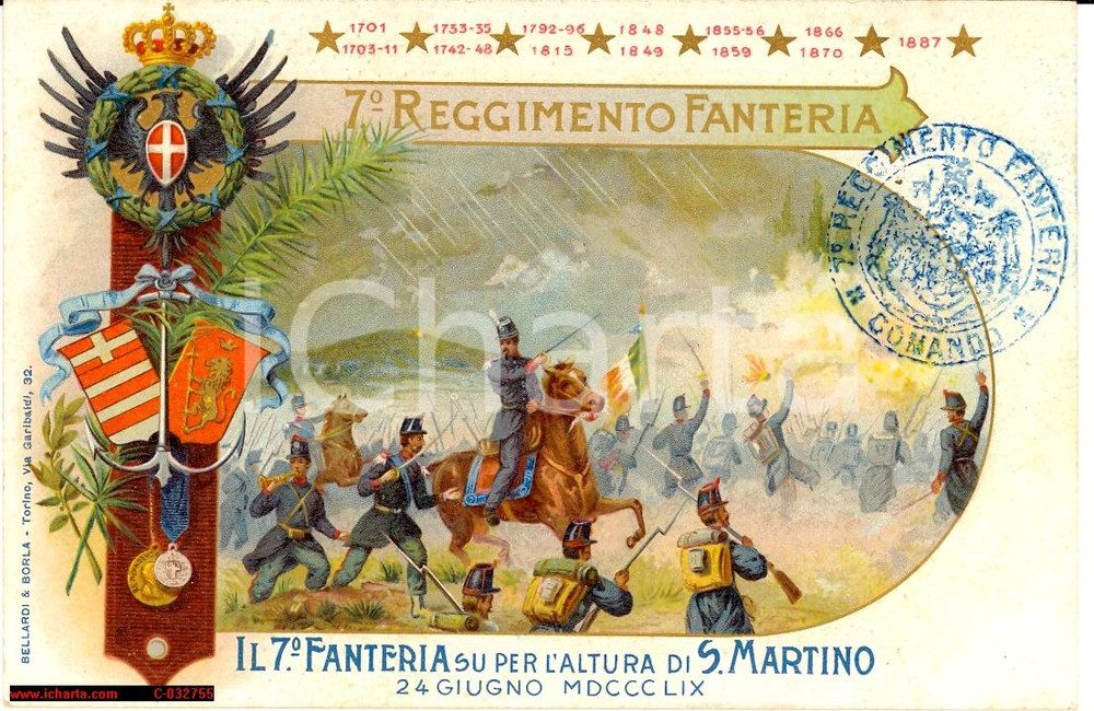 Cartolina originale da collezione 1909 Brigata Cuneo - 7Â° Regg Fanteria *San Martino 1
