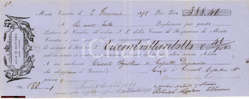 Oggetto da collezione cartaceo 1898 Cambiale Cassa Risparmio Montecarotto, marca 1
