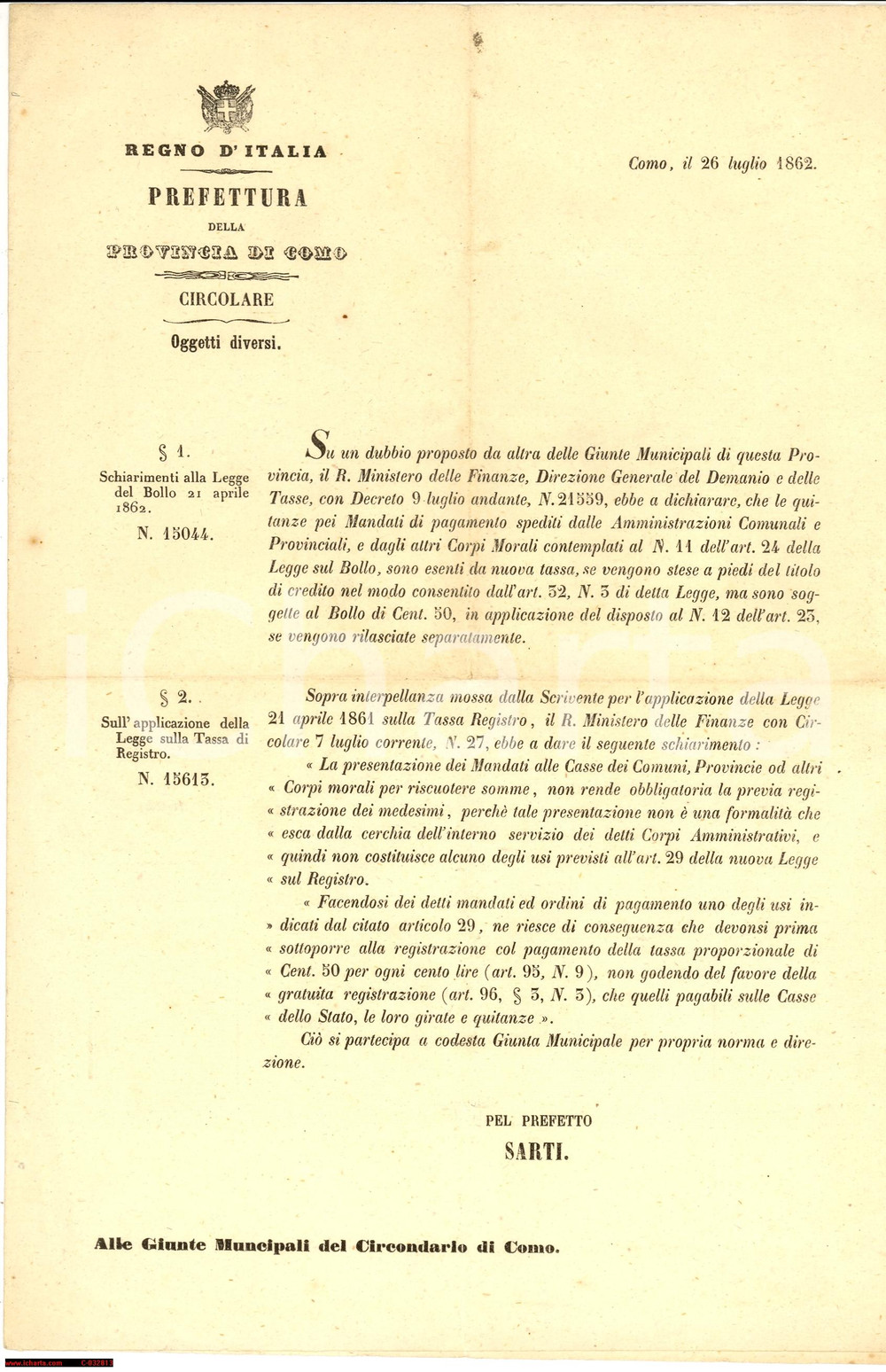 Documento originale, autentico 1862 COMO Nuove regole per Comuni ed altri Corpi morali 1