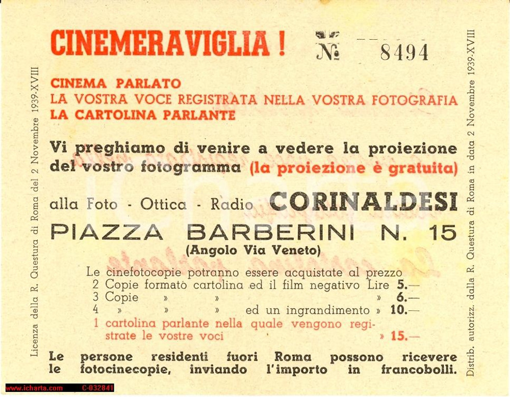 Materiale pubblicitario d’epoca 1939 Fotocinecopie - Cinema Parlato - pubblicitÃ  1