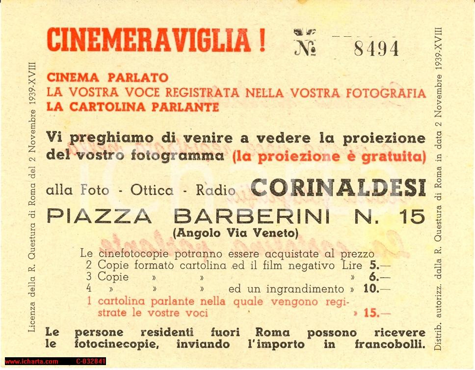 Materiale pubblicitario d’epoca 1939 ROMA Fotocinecopie Fotografie parlanti Biglietto pubblicitario 1