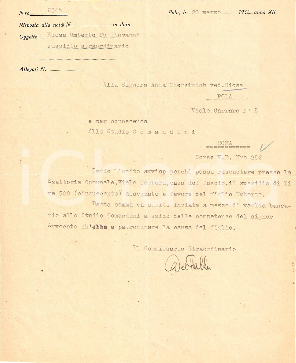 Documento originale, autentico 1934 POLA Opera Orfani Guerra sussidio straord. 1