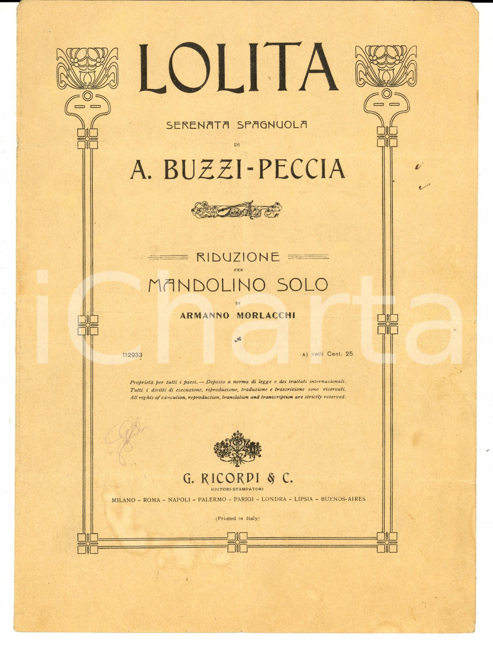 Oggetto da collezione cartaceo 1900 ca Arturo BUZZIPECCIA Lolita  Serenata per mandolino Spartito RICORDI 1