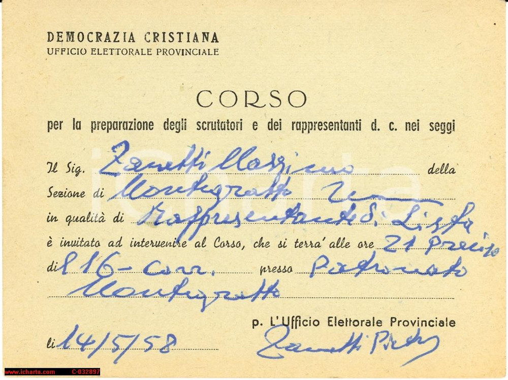 Oggetto da collezione cartaceo 1958 MONTEGROTTO TERME corso Democrazia Cristiana per scrutatori Invito 1