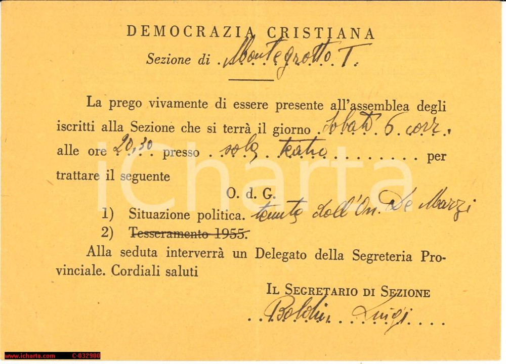 Oggetto da collezione cartaceo 1955 MONTEGROTTO TERME PD assemblea DC on. DE MARZI 1